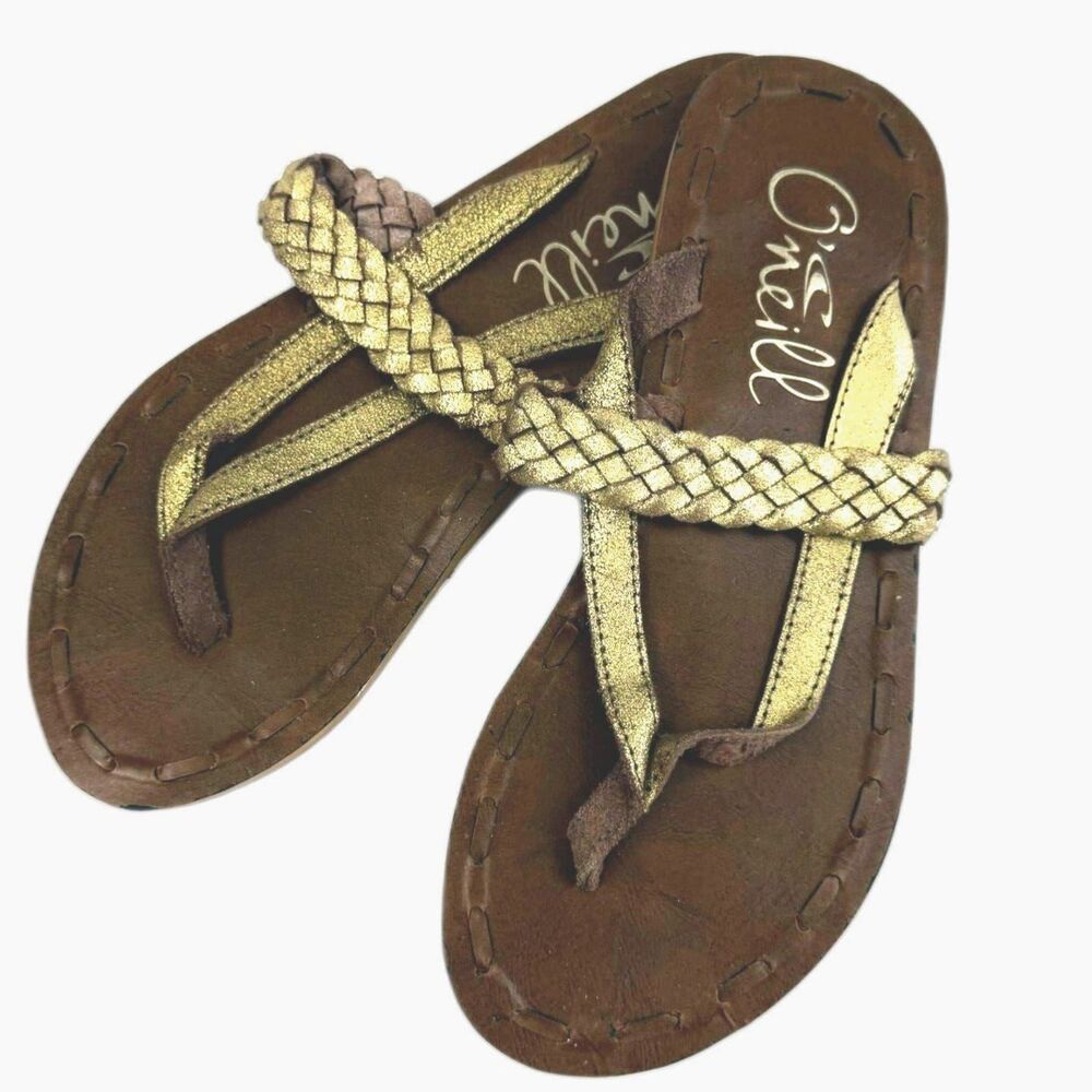 O'Neill Women's Brown Metallic Gold Braided Strap Flip Flops Sandals Size 7